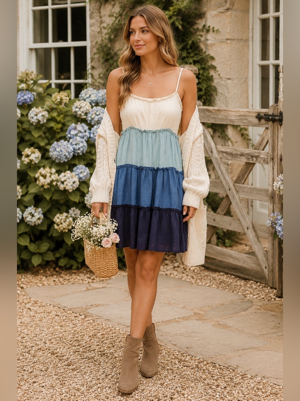 Miss Love Blue Cream Tiered Babydoll Mini Dress XL Romantic Preppy